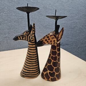 Lot 2 VTG Wooden and Metal Kenya African Animal Candle Holders Zebra and Giraffe
